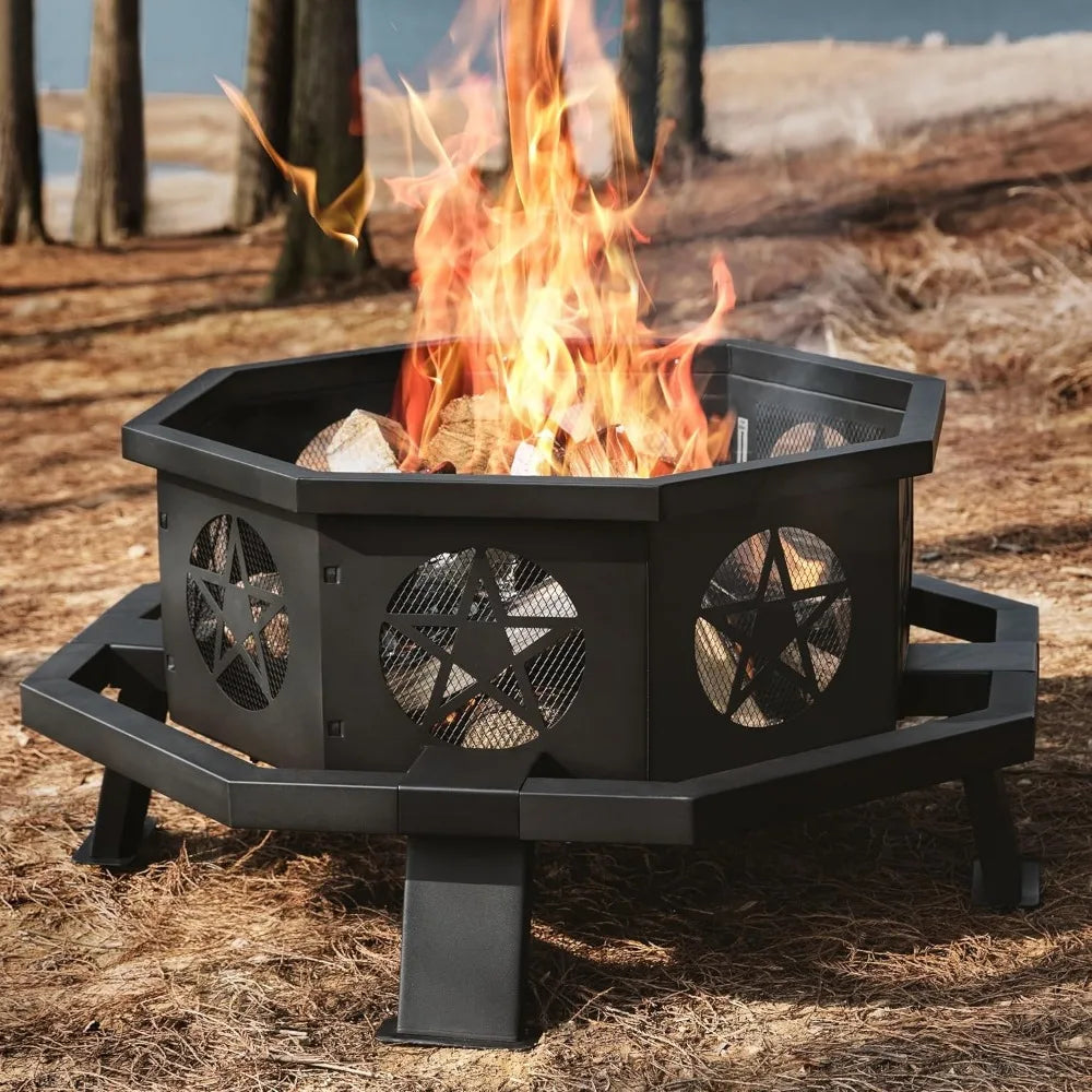 35 inch Fire Pit, Outdoor Fire Pit Wood Burning Fire Pits with Cooking Grill, Large Firepits for Outside Octagonal Heavy Duty Fi