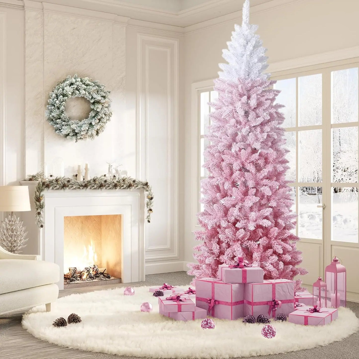 4.5Ft/6Ft/7.5Ft/9Ft Pencil Christmas Tree Artificial Slim Xmas Trees Skinny Christmas Tree Decorations Fake Flockeds White Pink