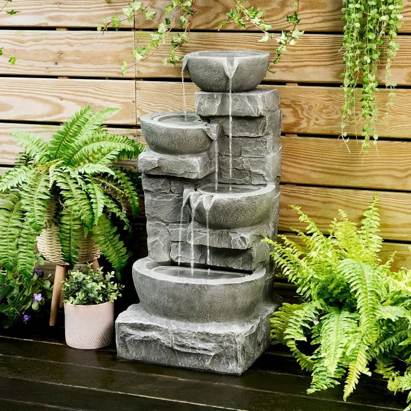 Home 33.25 in. Cascading Bowls and Stacked Stones LED Outdoor Water Fountain for Gardens, Landscaping, Patios, Balconies