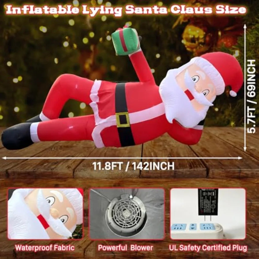 11.8 FT Inflatable Lying Santa Claus Outdoor Decorations with LED Lights for Eaves Roof Garden Lawn Christmas Winter Party Holi