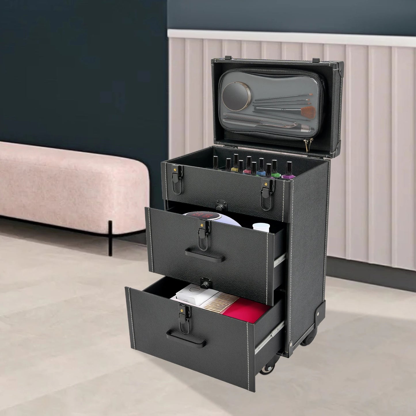 Aluminium Alloy Rolling Makeup Case Large Capacity Design Make Up Suitcase Cosmetic Trolley Professionals