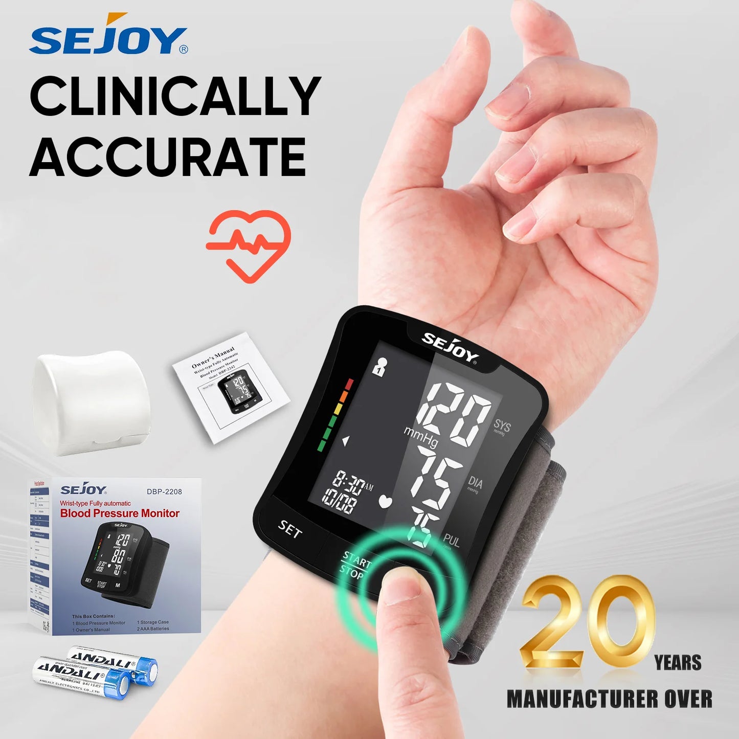 SEJOY Electronic Blood Pressure Monitor Wrist Cuff Tonometer Digital Sphygmomanometer Electronic BP Monitors Blood Meter