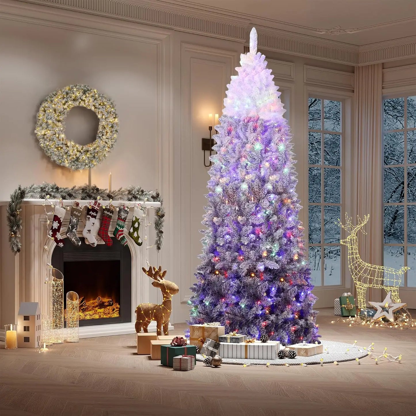 6ft/7.5ft Snow Flocked Pencil Christmas Tree Slim Artificial Christmas Tree Skinny Xmas Tree Holiday Decoration Purple Gradient
