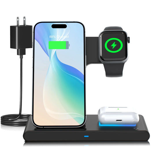 Magnetic Wireless Charging Station 3-In-1 Foldable 18W Fast Charging Pad for Apple iPhone 12-16 Series Apple Watch AirPods