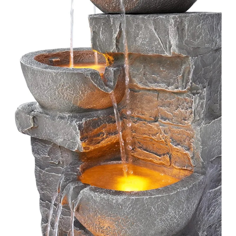 Home 33.25 in. Cascading Bowls and Stacked Stones LED Outdoor Water Fountain for Gardens, Landscaping, Patios, Balconies