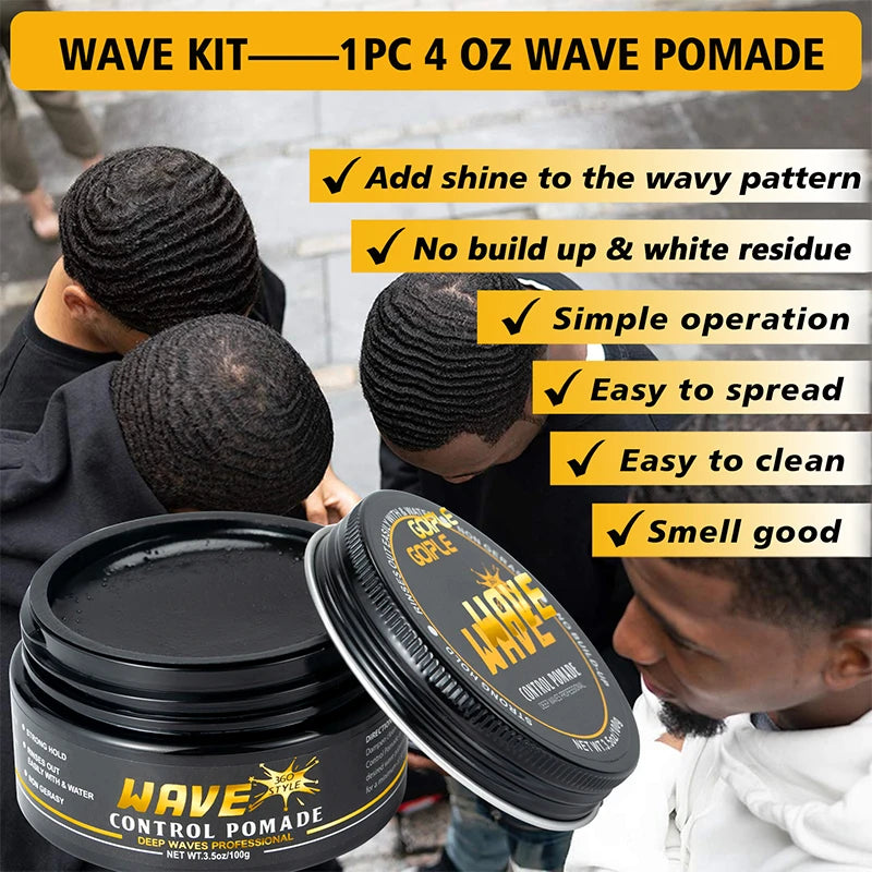 360 Style Wave Control Pomade Strong Hold Deep Waves Layered Gel with Brush Kit Wavy Grease Styling Wax for African Black Men