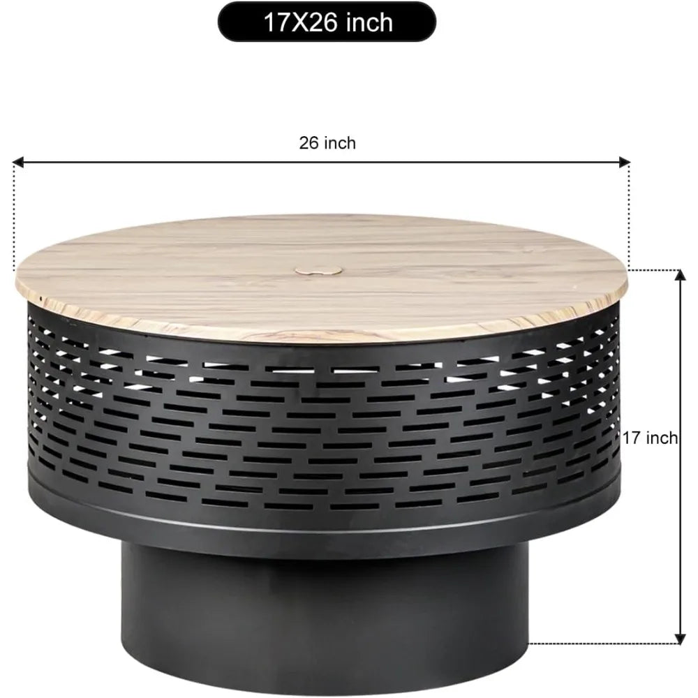 26" Wood Burning Fire Pits with Grill & Lid, Fire Pit Table for Outside with Waterproof Cover & Fire Poker, Outdoor Firepit with