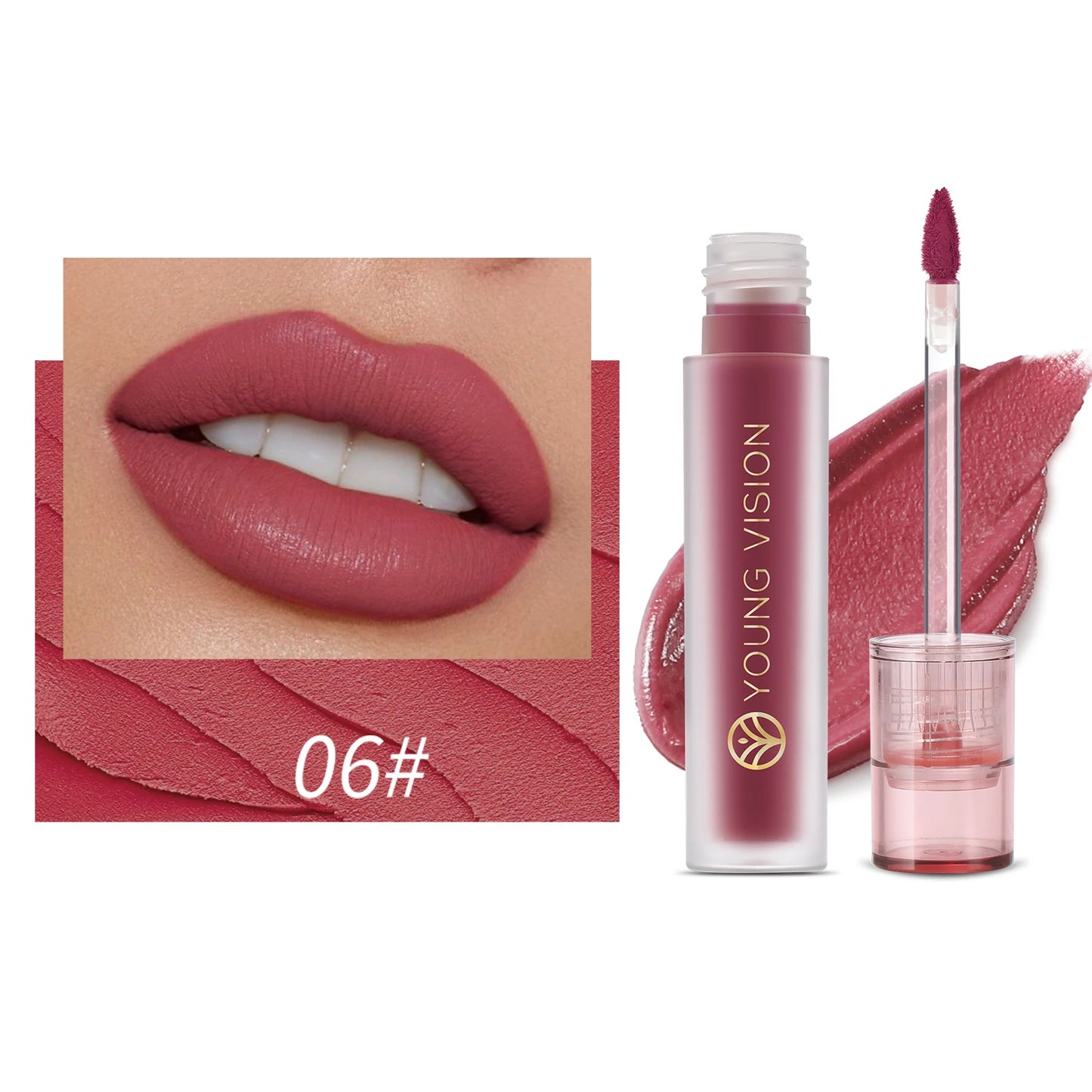 YOUNG VISION's 6-color Matte Velvet Lip Paste is a non-sticky, long-lasting liquid lipstick that is comfortable to wear.