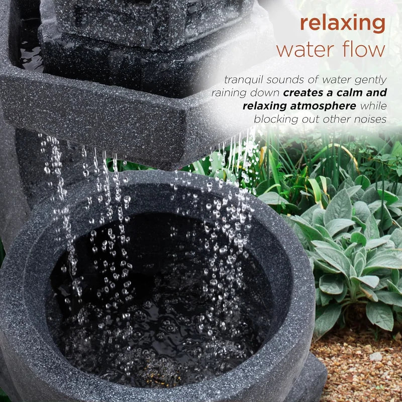 DIG370 31"Outdoor Zen Pagoda Water Fountain with LED Lights&Illuminated Stone Bowl–Tranquil Garden Water Feature for Relaxation