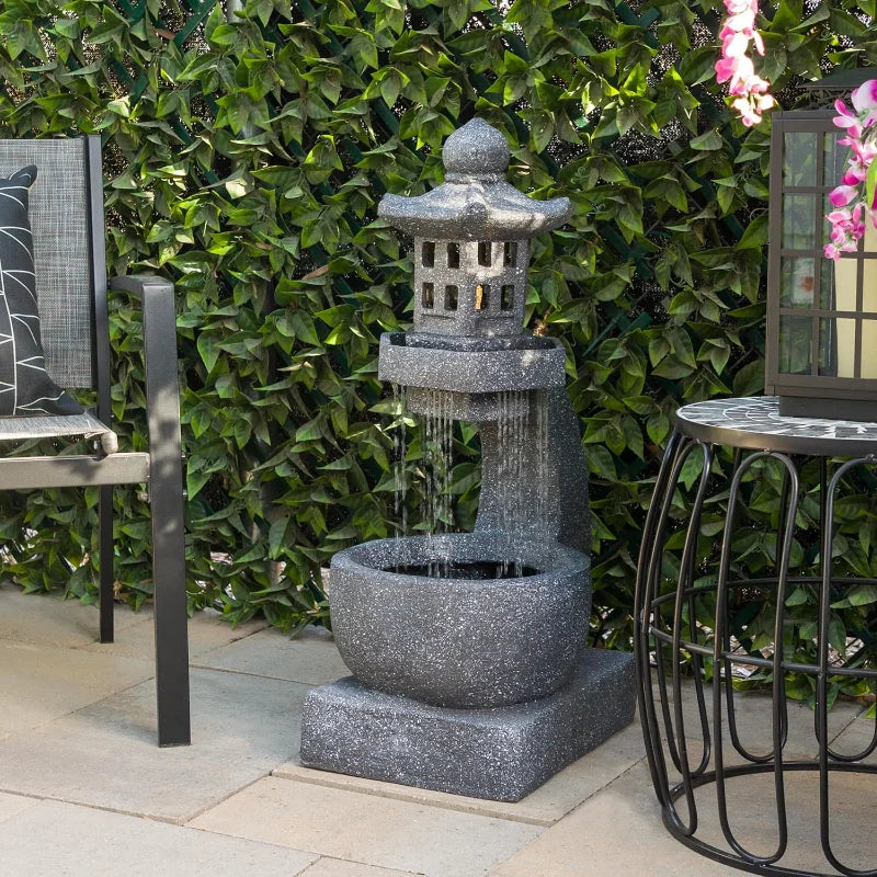 DIG370 31"Outdoor Zen Pagoda Water Fountain with LED Lights&Illuminated Stone Bowl–Tranquil Garden Water Feature for Relaxation