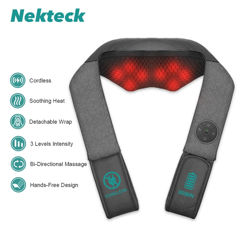 Nekteck Shiatsu Back Shoulder and Neck Massager Cordless Deep Tissue Kneading with Heat Portable Neck Massage Pillow Home Use