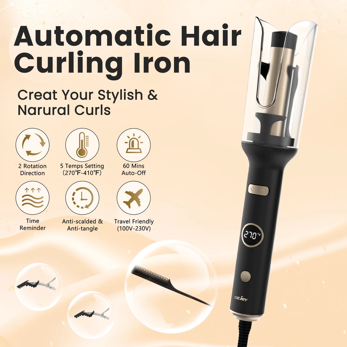 SEJOY Auto Curling Iron, Professional Anti-Tangle Auto Hair Curler with 1.0-inch Rotating Barrel, 5 Temps  and Auto Shut-Off