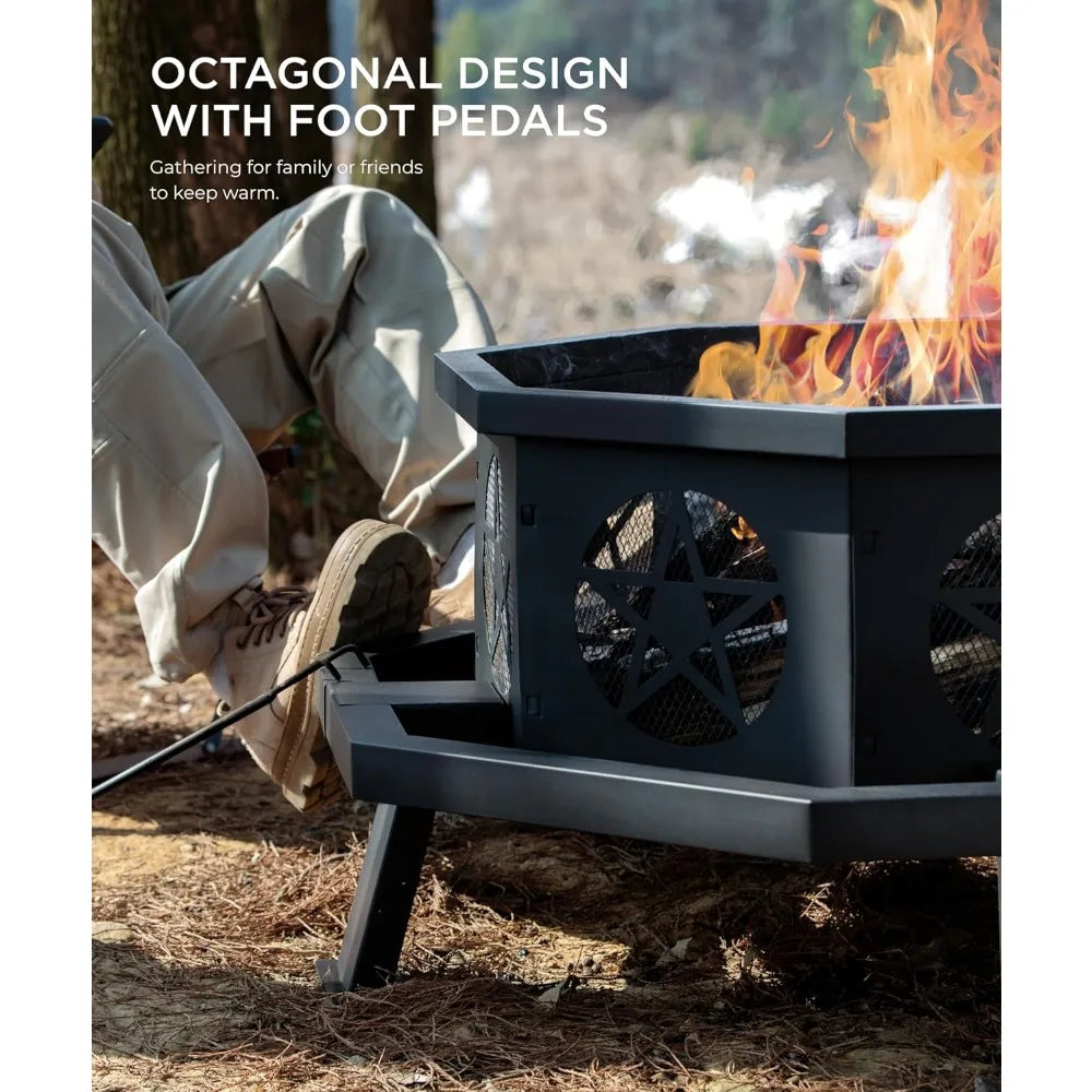 35 inch Fire Pit, Outdoor Fire Pit Wood Burning Fire Pits with Cooking Grill, Large Firepits for Outside Octagonal Heavy Duty Fi