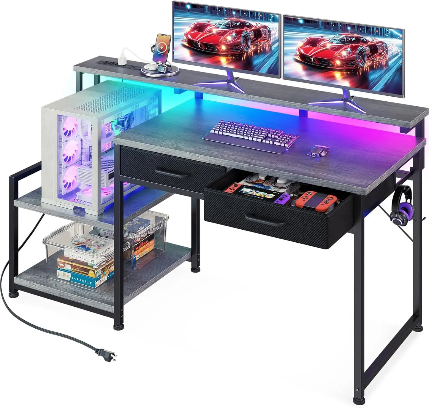 Gaming Desk with Led Lights & Power Outlet, 48 Inch Computer Desk with Drawers, Office Desk with Large Display Storage Shelves