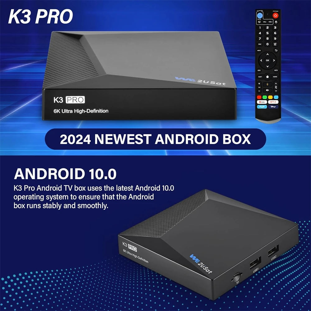We2uSat K3 Pro 6K HDR Android Q (10.0) TV Box H.264/H.265 10bit Build in WiFi-6 2.4GHz/5GHz+BT 5.0,4GB+32GB STB Suit for the US