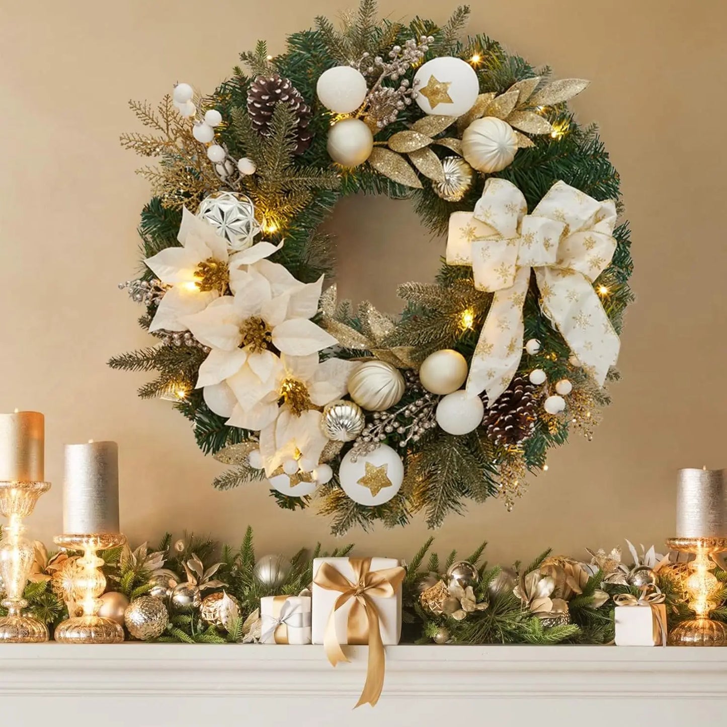 24 Inch Lighted Christmas Wreath with Timer Pre-Lit Xmas Wreath with Flower Bowknot Pine Cones Balls Battery Operated Wreath