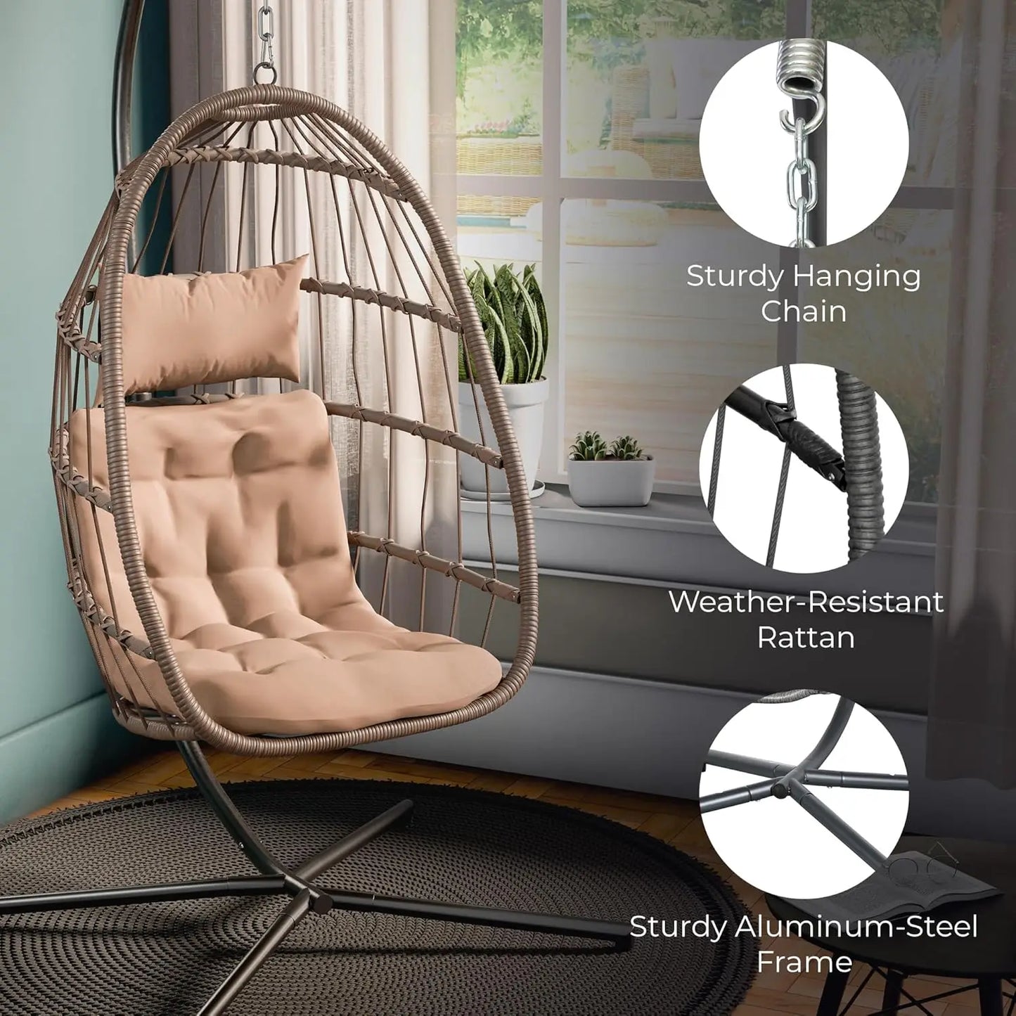 Hanging Egg Chair with Stand - Indoor/Outdoor Swing Hammock Chair with Plush, Washable Cushions, 350LBS Capacity, Ideal for Rela