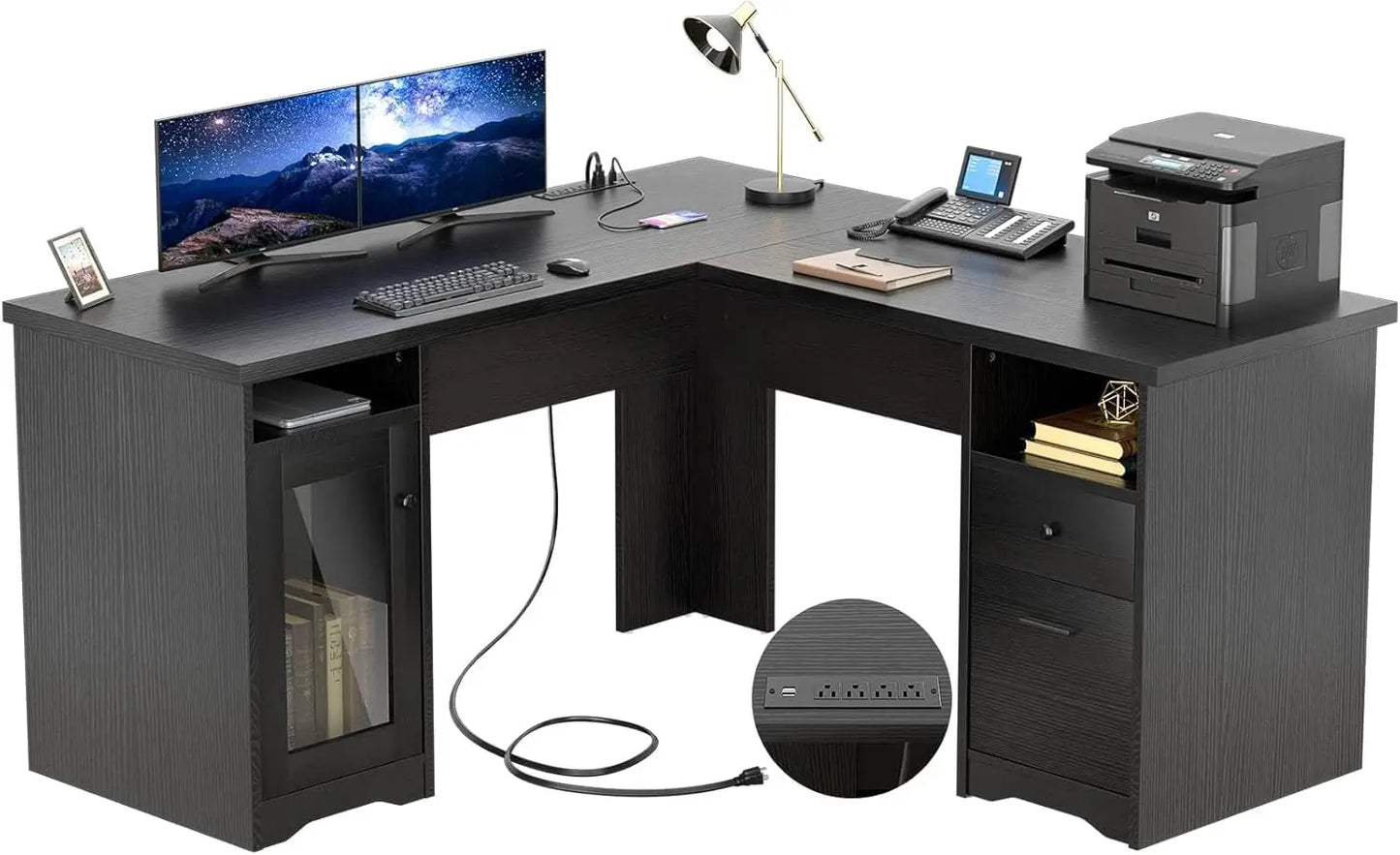 L Shaped Computer Desk with Drawer, 60 Inch Office Desk with Power Outlets and USB Ports, Large L Shape Corner Desks