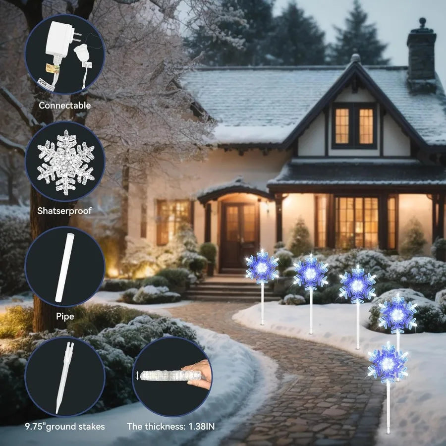 Outdoor 3D Crystal Snowflake Lights in Cool White and Blue 9 ft Set of 5 Connectable Yard Stake Christmas Decorations for Pathw