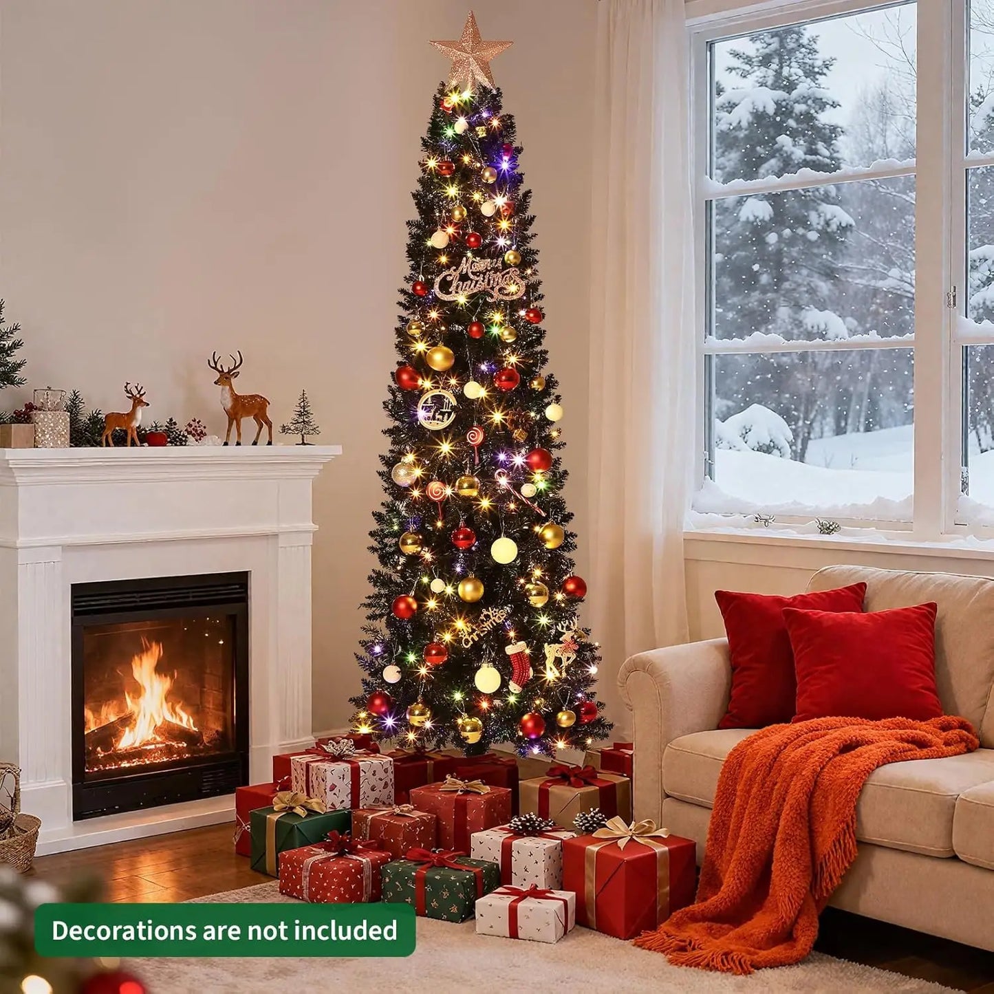 6 Ft Pre-Lit Black Halloween Christmas Tree Slim Artificial Pencil Christmas Tree With 250 Colorful LED Lights 8 Lighting Modes