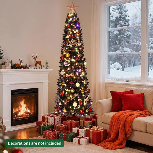 6 Ft Pre-Lit Black Halloween Christmas Tree Slim Artificial Pencil Christmas Tree With 250 Colorful LED Lights 8 Lighting Modes