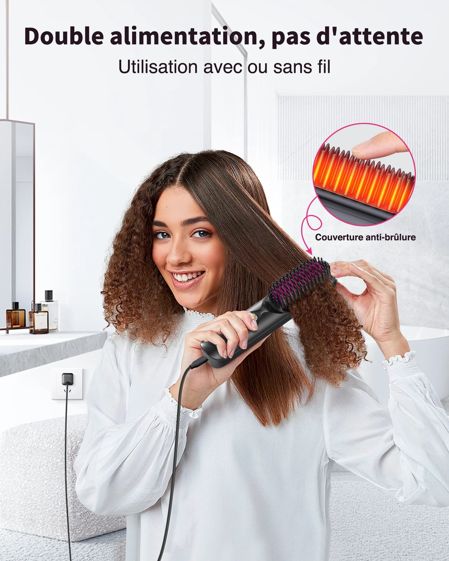Cordless 2-in-1 Straight Hair Comb & Curler 10000mAh Battery Negative Ion USB Charging 30s Heat Up Travel-Friendly Styling Brush