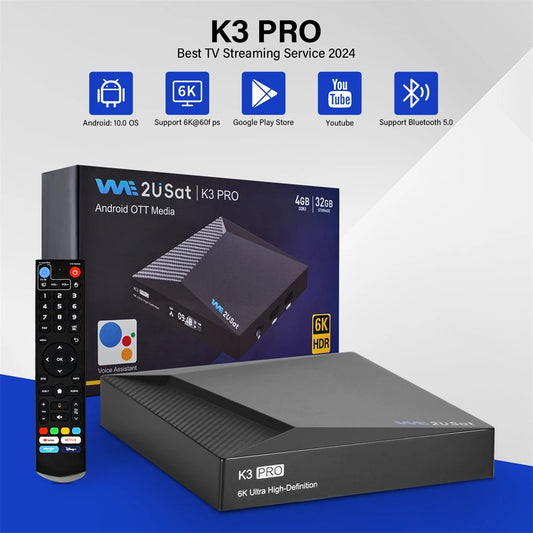 We2uSat K3 Pro 6K HDR Android Q (10.0) TV Box H.264/H.265 10bit Build in WiFi-6 2.4GHz/5GHz+BT 5.0,4GB+32GB STB Suit for the US