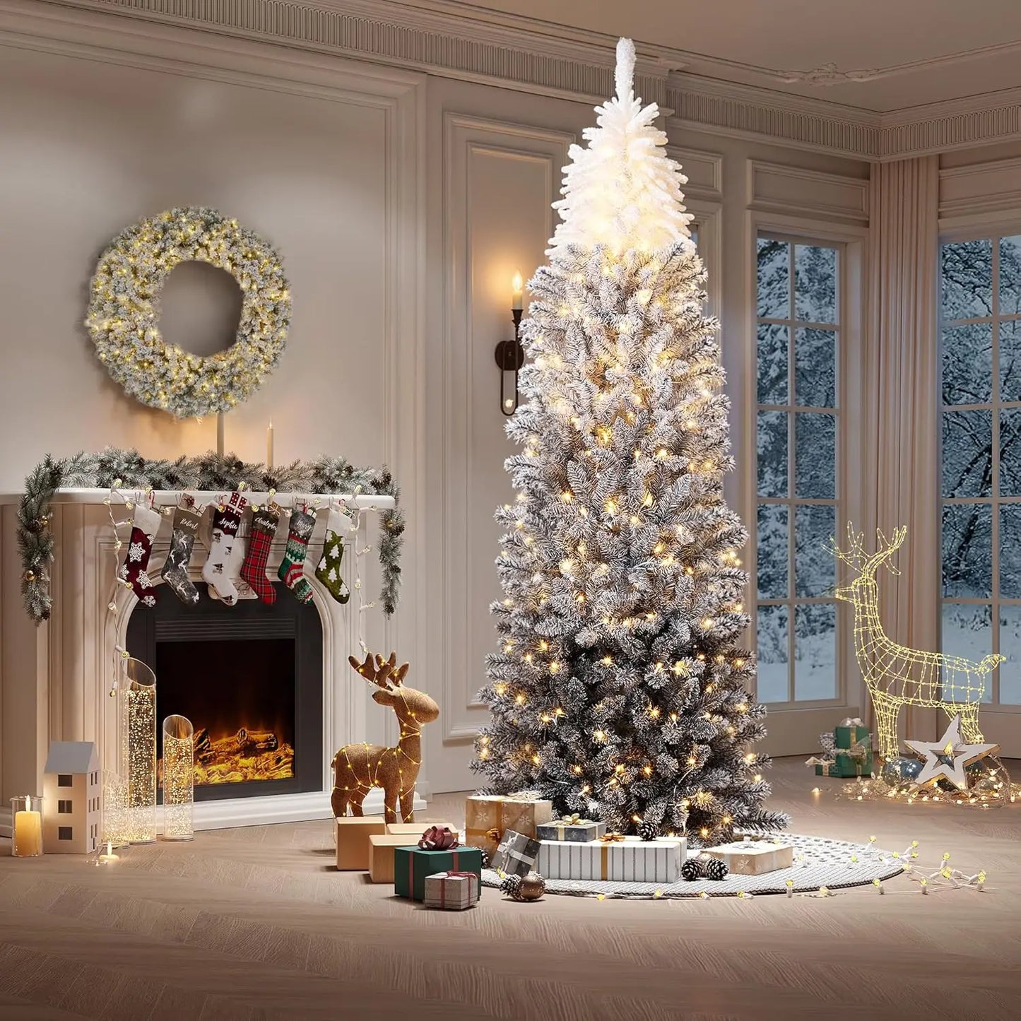 6Ft 7.5FT Prelit Christmas Tree with Lights Slim Artificial Halloween Tree Fake Pencil Tree Automatic Branches For Holiday Decor