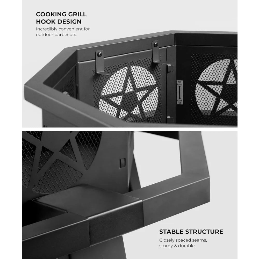 35 inch Fire Pit, Outdoor Fire Pit Wood Burning Fire Pits with Cooking Grill, Large Firepits for Outside Octagonal Heavy Duty Fi