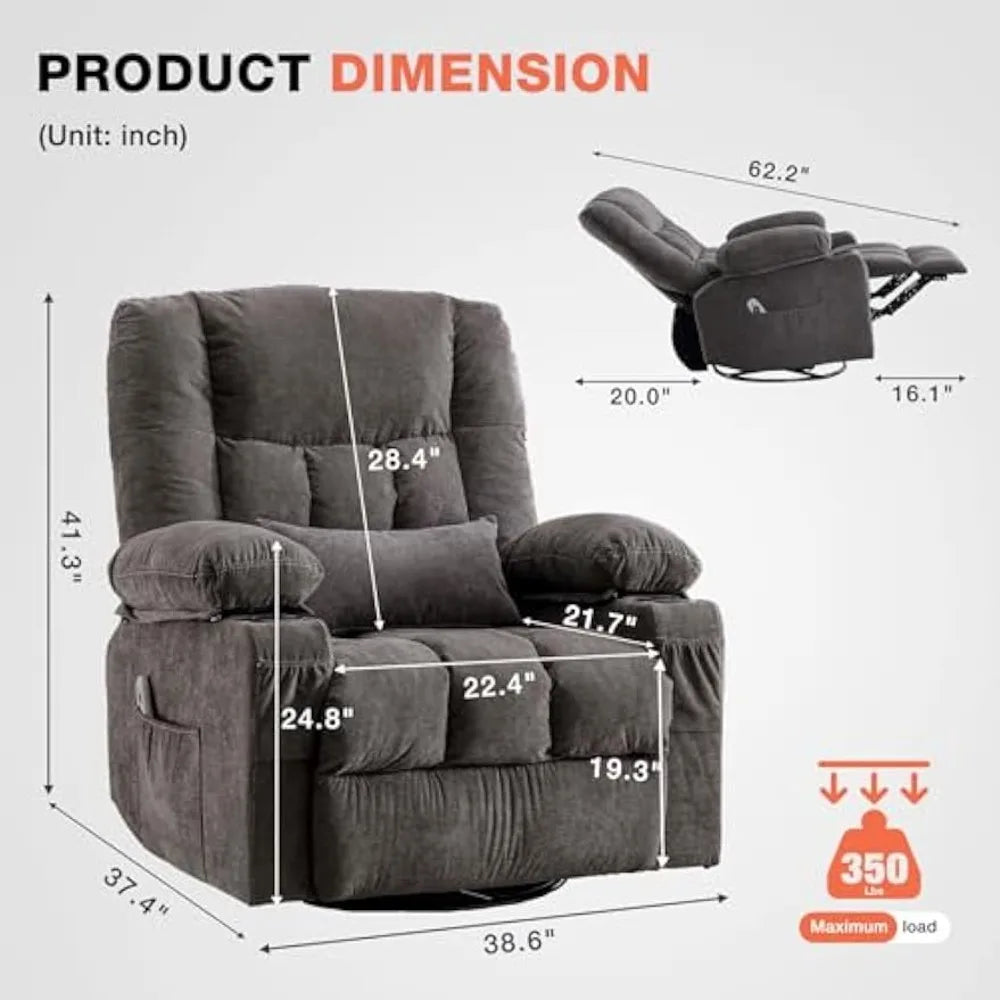 Massage Swivel Recliner Chair, Oversized Rocker Recliner with Vibration Massage and Lumbar Heat Ergonomic Rocker Chair for Livin
