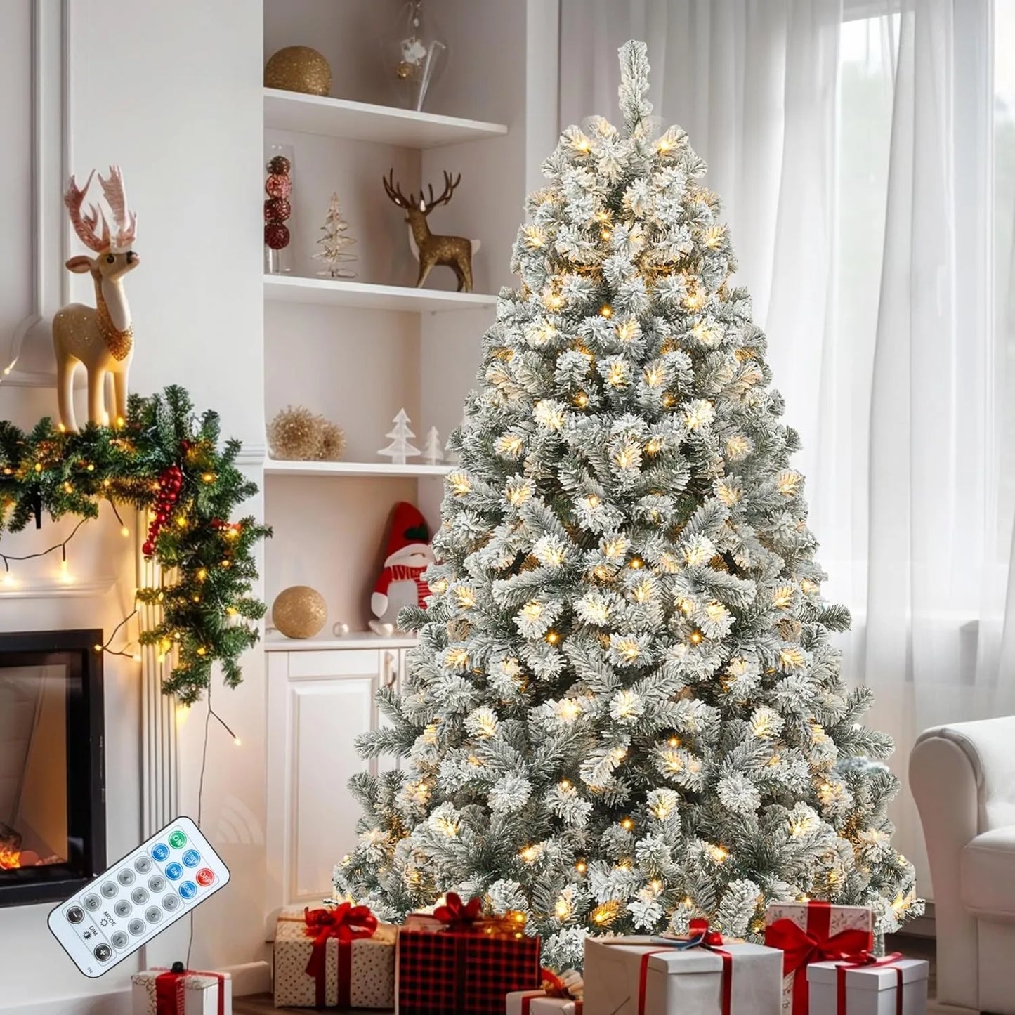 9ft Prelit Snow Flocked Christmas Tree with Remote Hinged Pine Christmas Tree
