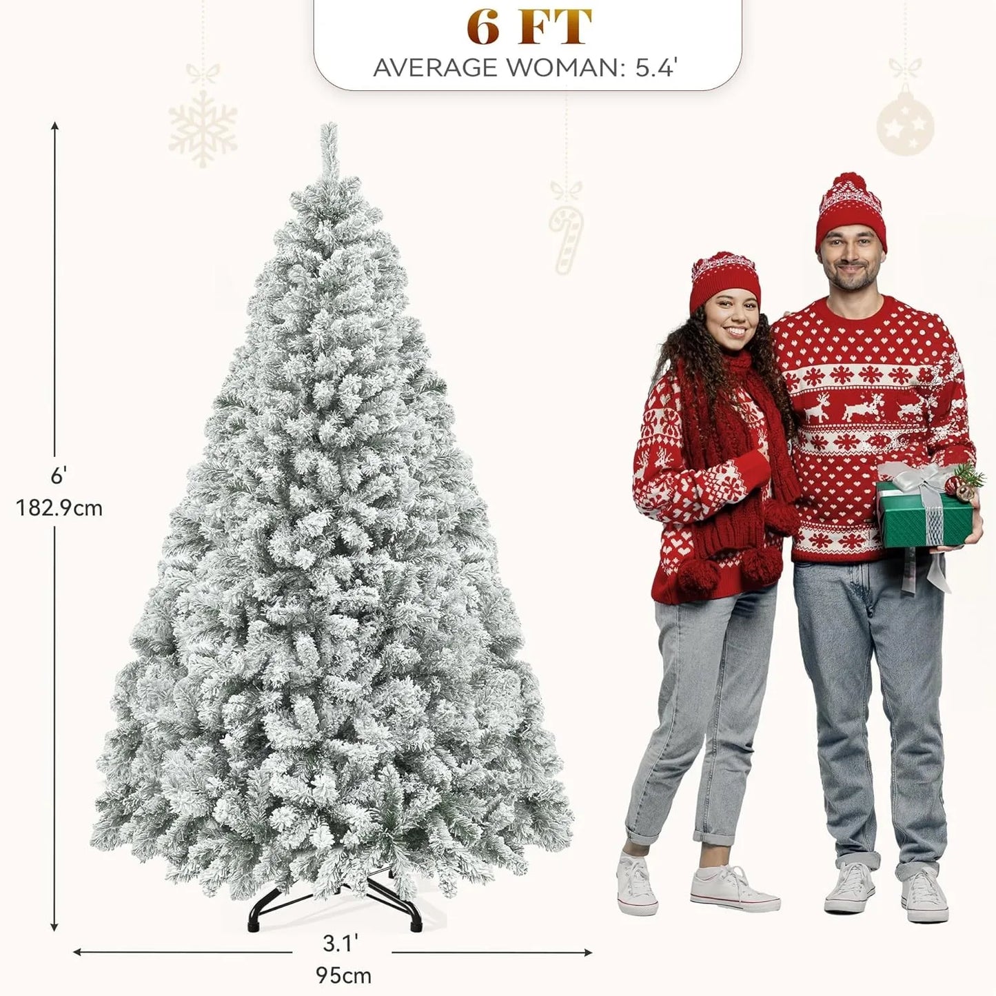 6ft Snow Flocked Artificial Full Christmas Tree Pine Tree with 880 Branch Tips