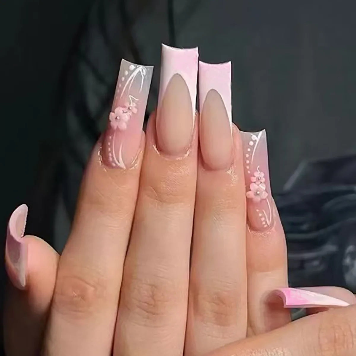 24pcs Mid-length Press on Nails Pink French Full Cover Flower Design Fake Nail Reusable Pearl False Nail with Jelly Glue Nails