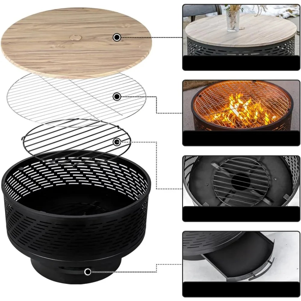 26" Wood Burning Fire Pits with Grill & Lid, Fire Pit Table for Outside with Waterproof Cover & Fire Poker, Outdoor Firepit with