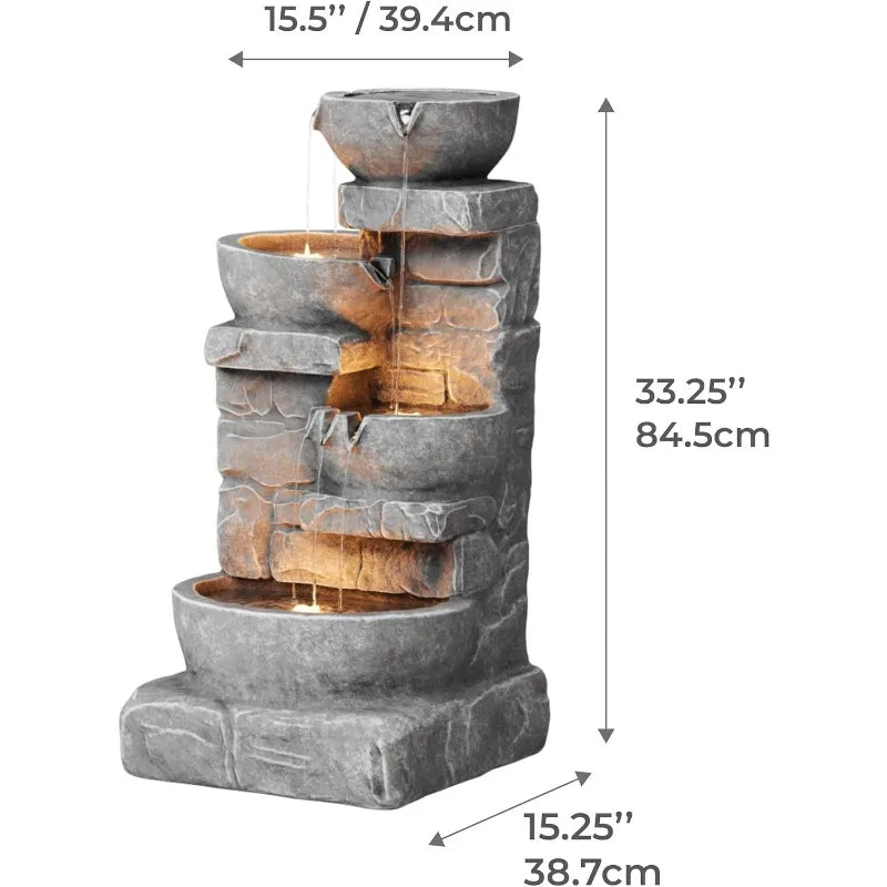 Home 33.25 in. Cascading Bowls and Stacked Stones LED Outdoor Water Fountain for Gardens, Landscaping, Patios, Balconies
