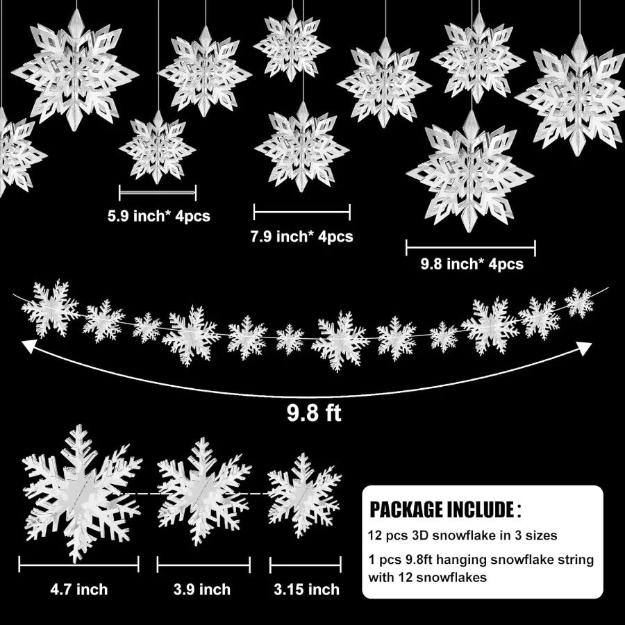 24PCS Snowflake Christmas Decorations 3D Large Silver Paper Snowflakes Garland Hanging Snow Flakes for Winter Wonderland Christ