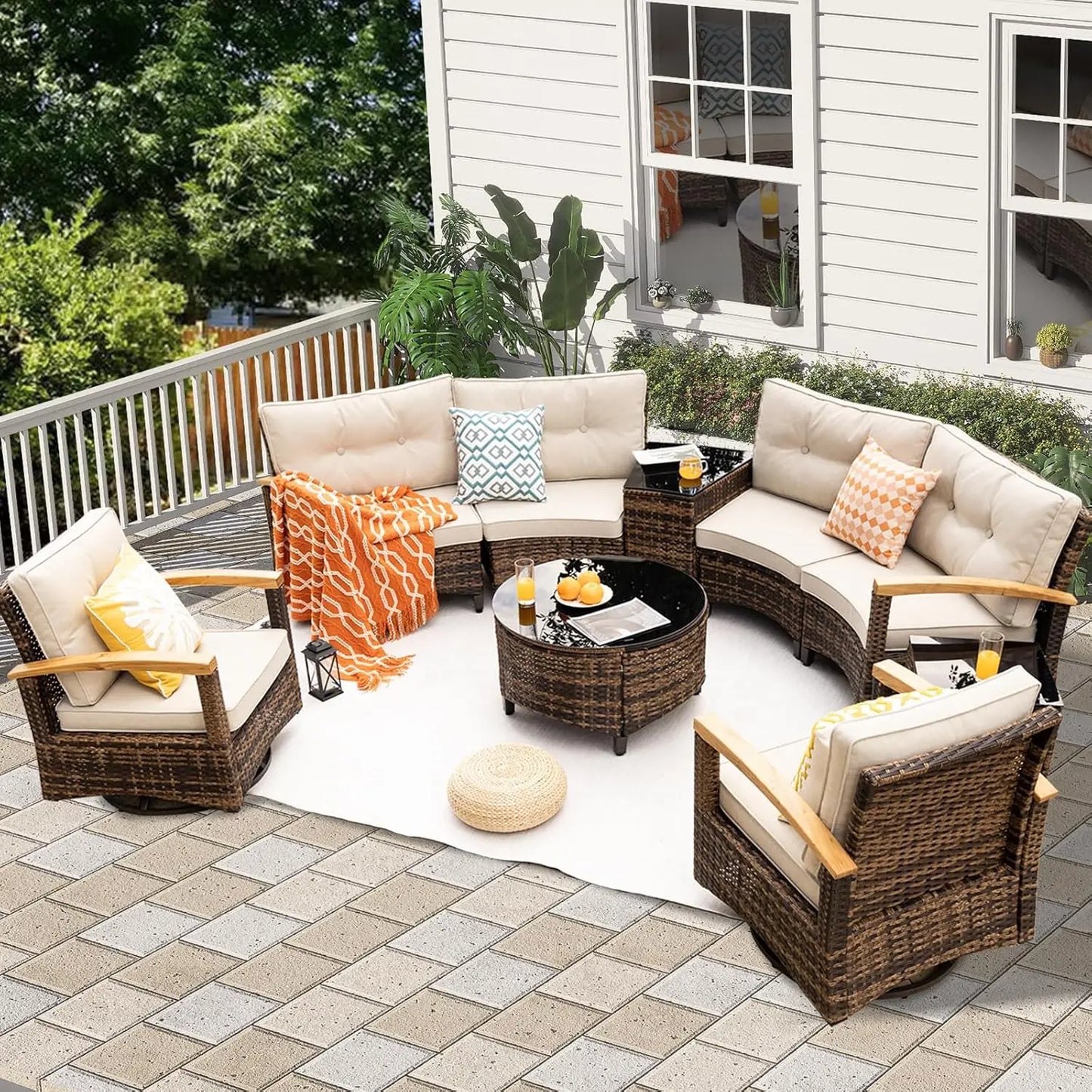 Multi-piece Outdoor Patio Furniture Sets, Half Moon Curving Part of The Sofa Rattan Patio Conversation Sets
