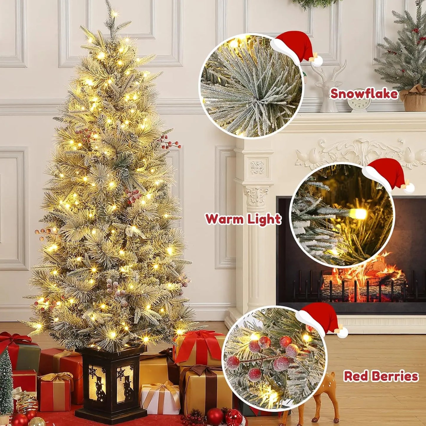 4.5ft Pre-Lit Flocked Artificial Christmas Tree Xmas Tree With 386 Branch Tips & 200 Lights  For Home Party Decor Room Ornaments