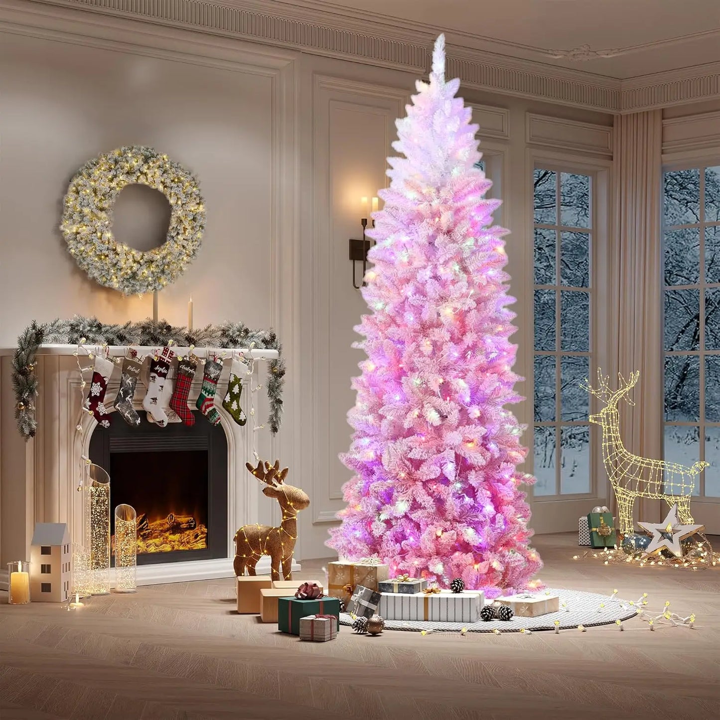 4.5Ft/6Ft/7.5Ft/9Ft Pencil Christmas Tree Artificial Slim Xmas Trees Skinny Christmas Tree Decorations Fake Flockeds White Pink