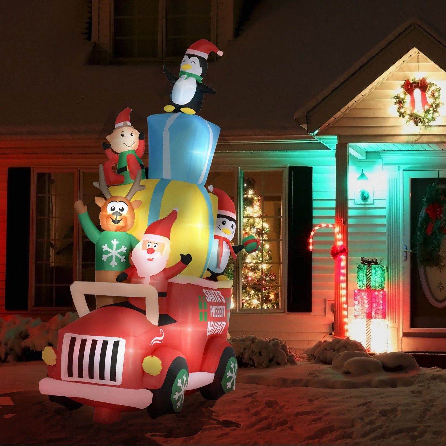 9ft Inflatable Santa Claus Drives a Gift Car Outdoor Christmas Decor with Led