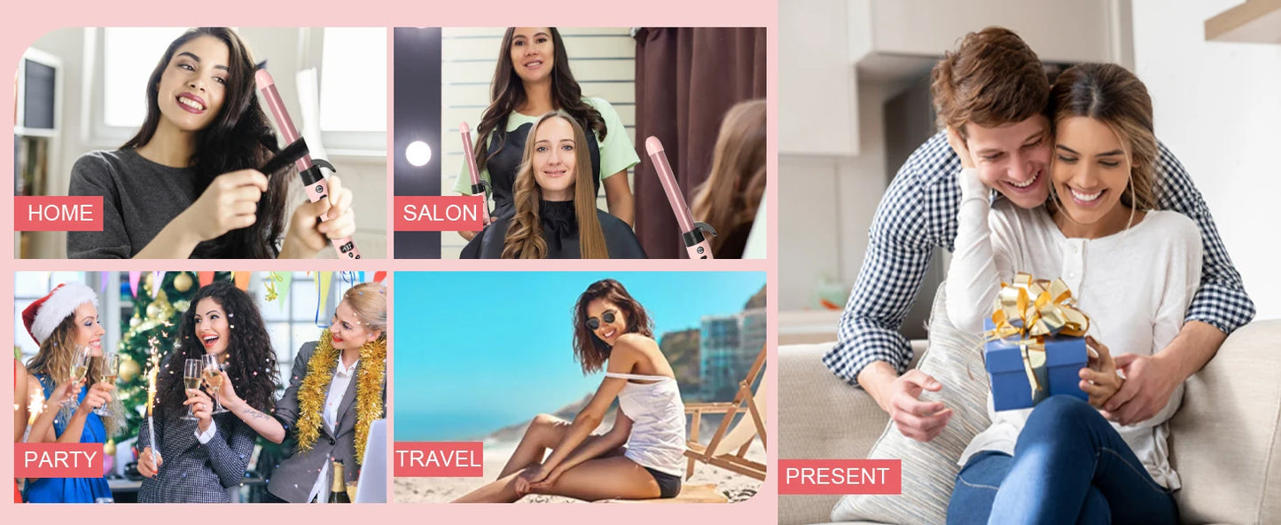 Hair Curler Ceramic Curling Iron Wand Set With Interchangeable Ceramic Barrel & Hair Clip & Heat Protective Glove Hair Curler