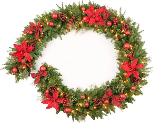 9Ft Red Poinsettias Pre-lit Christmas Garland 70 Lights Plug in,Holiday Decoration Fireplace Stairs Mantle Door Indoor Outdoor