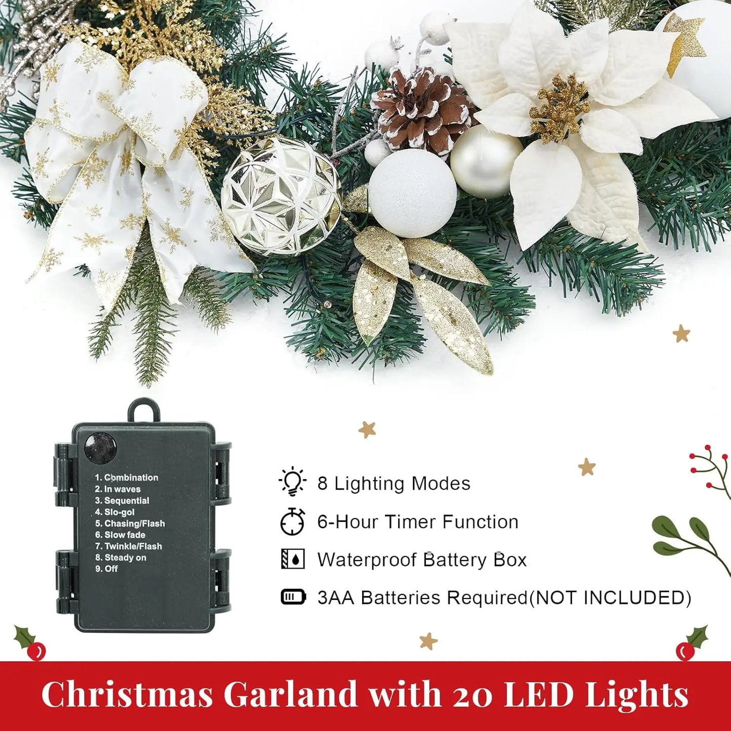 6 Ft Pre-Lit Artificial Christmas Garland Lighted Christmas Garland With 20 Battery Operated Led Lights And Timer For Home Decor