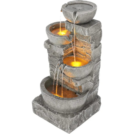 Home 33.25 in. Cascading Bowls and Stacked Stones LED Outdoor Water Fountain for Gardens, Landscaping, Patios, Balconies