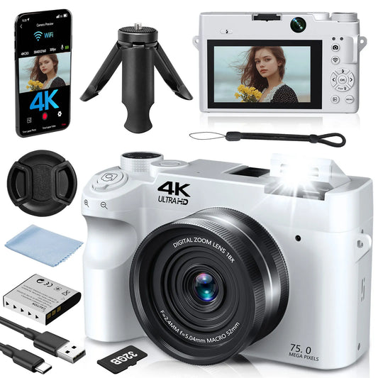 4K Digital Camera - 75MP Front & Rear with Autofocus & Anti-Shake, 3'' Selfie Vlogging Camera, Ultra Bright Flash, 18X Zoom