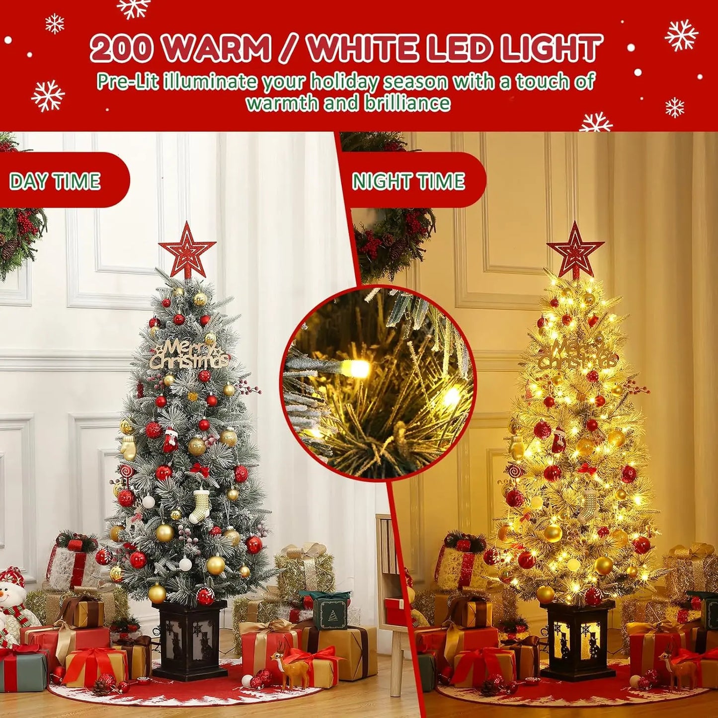 4.5ft Pre-Lit Flocked Artificial Christmas Tree Xmas Tree With 386 Branch Tips & 200 Lights  For Home Party Decor Room Ornaments