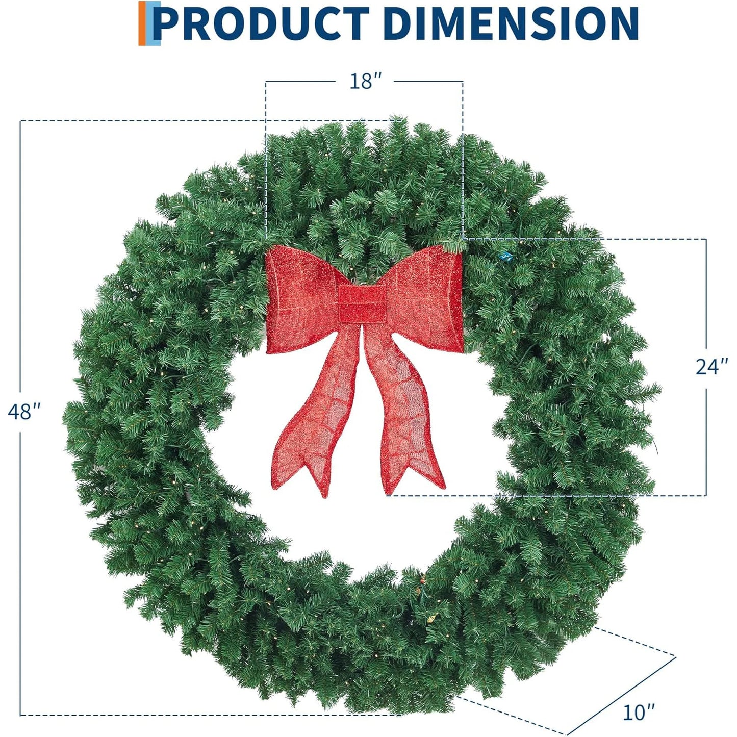 Artificial Christmas Wreath with Bow, Pre-Lit Winter Wreath with LED Light, Indoor Outdoor Holiday Xmas Decorations