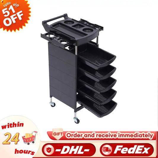 Salon Trolley, with Handle and Rolling Wheels, 5 Drawers and 2 Hair Dryer Holder Side Tray, Black