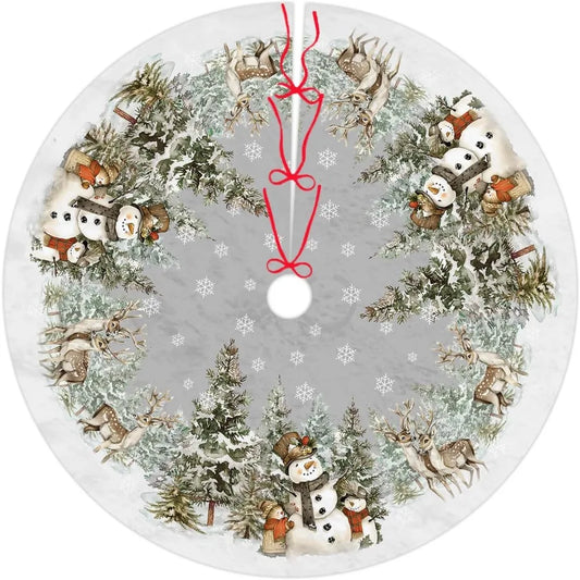 Snowman Christmas Tree Skirt 36 Inch Reindeer Snowflakes Xmas Tree Decorations for Winter Holiday Party Home Decor Indoor Outdo