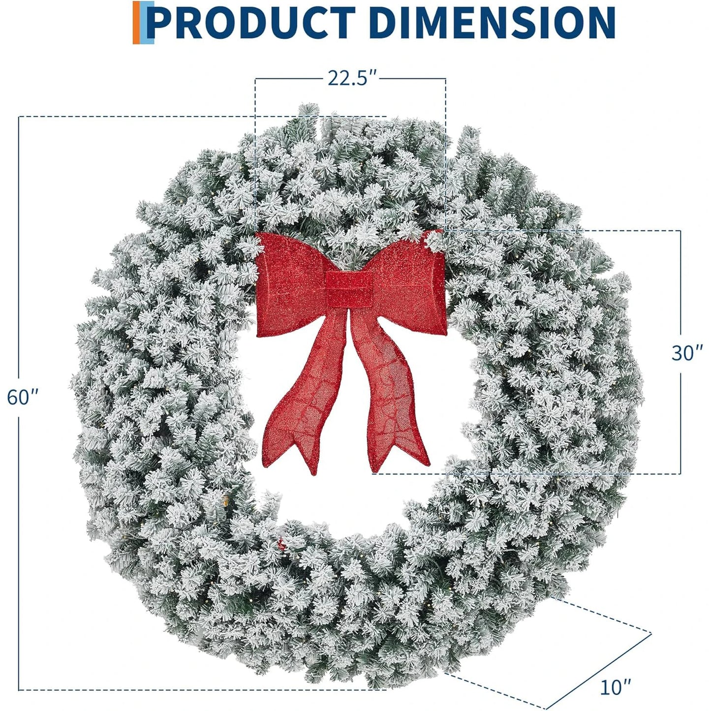 48in 60in Large Flocked Artificial Pre-Lit Fir Christmas Wreath Holiday Accent Decoration for Door, Mantel